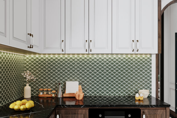 现代豪华正宗厨房室内设计与电器。三维渲染图片下载