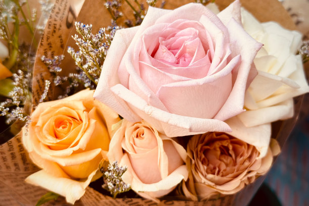 一束粉红玫瑰的特写照片。玫瑰花被挤在一起。展示其精致的花瓣和各种粉红色的外观。从浅色到明亮的颜色有助于增加深度和图片下载