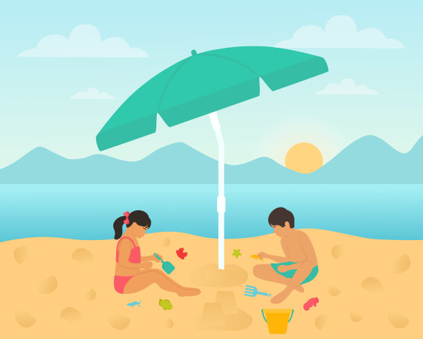孩子们坐在沙滩伞下，玩玩具，在沙滩上搭沙堡图片下载