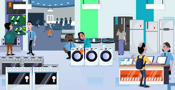 百货、电视、炉具、洗衣机、各类冰箱、电脑、笔记本电脑、平板电脑和手机、沙发、台灯和床。顾客和店员穿制服。在收银台前排队。图片下载