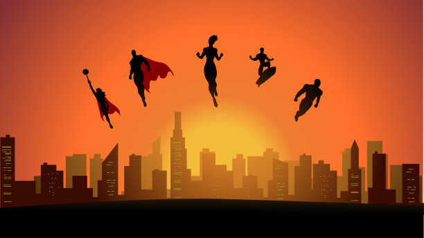 矢量超级英雄团队剪影在城市股票插图飞行图片下载