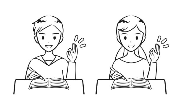 一组擅长学习的小学生男女(线条画)图片下载