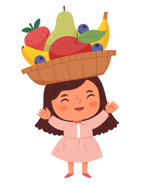 这个女孩头上顶着一篮水果。平面矢量插图隔离在白色背景。图片下载