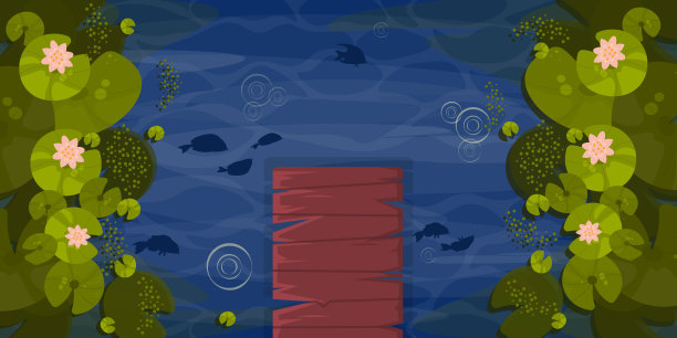 矢量插图的河流的顶部视图。卡通的场景是一条美丽的河的顶景，一片绿叶的睡莲，粉红色的荷花，水的泡泡，鱼的剪影，一个木梯。图片下载