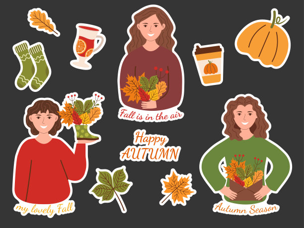 贴纸，你好，秋天，套装。可爱的年轻女子手里拿着五颜六色的树叶微笑着图片下载