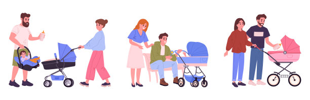 推着婴儿车的爸爸妈妈。父母与新生儿一起走在马车，家庭户外娱乐平面矢量插图集。卡通育儿场景图片下载