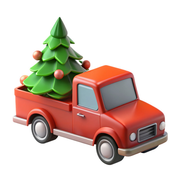 3D渲染插图图标红色圣诞卡车运送绿色圣诞树为节日，突出显示在白色背景。理念——新年，象征节日，休息，节假日，快递送货图片下载