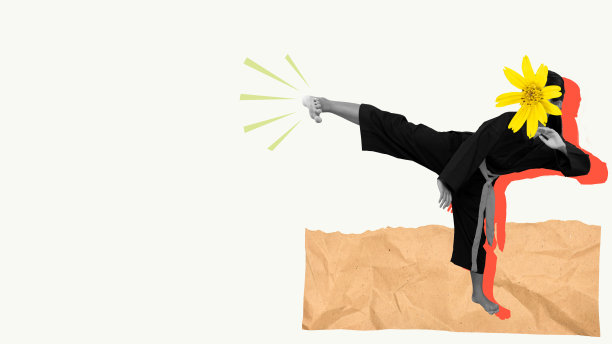 武术家在当代艺术拼贴画中用花脸进行有力的踢腿图片下载