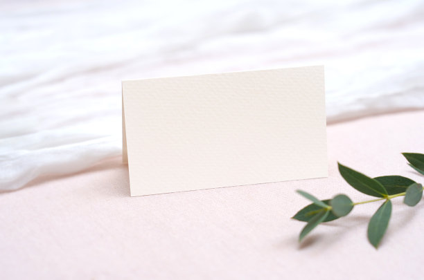 样板白色空白空间卡，为名字的地方，折叠，问候，邀请在婚礼餐桌设置背景。图片下载