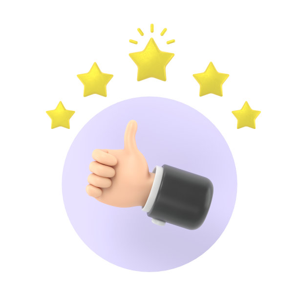 3D卡通手大拇指为成功或良好的反馈。五星评级。积极的概念和类似的符号。客户评价评分和客户反馈概念，白色背景3D渲染。图片下载
