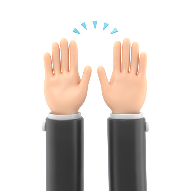 卡通手势图标模型。举手庆祝应用程序和网站的线条艺术，白色背景的3D渲染。图片下载