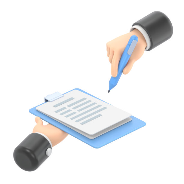 卡通手势图标模型。等距手签合同，签订协议经营理念，等距手拿着合同签字，白底3D渲染。图片下载