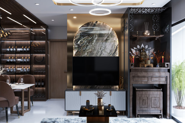 一个华丽的客厅内部与豪华的家具，和小寺庙，3D渲染图片下载