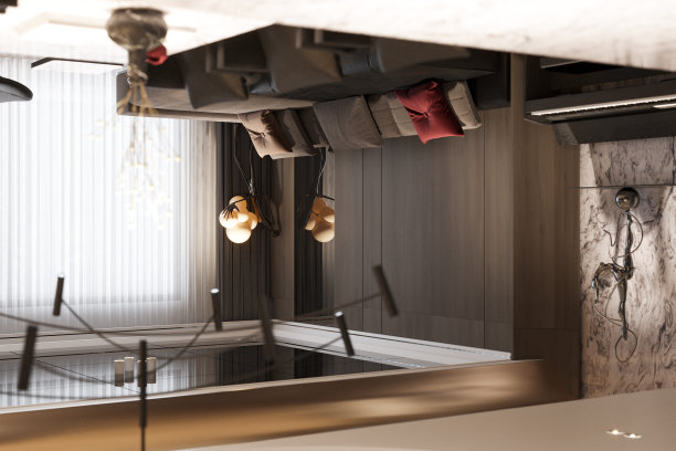 红色和米色的枕头躺在现代客厅的模块化沙发上，3D渲染图片下载