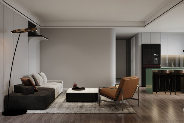 墙角的沙发、扶手椅和白色的墙壁背景旁放着一盏灯。三维渲染图片下载