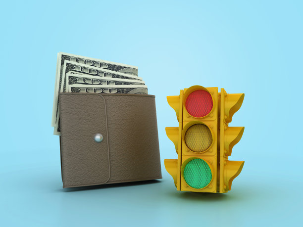 3D交通灯与美元钱包图片下载
