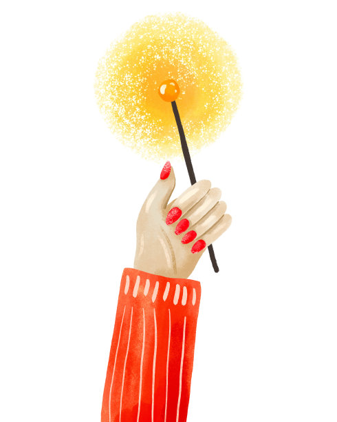 女人的手握着节日的光芒。冬日派对卡通插画。庆祝卡。手绘插图在孤立的背景图片下载