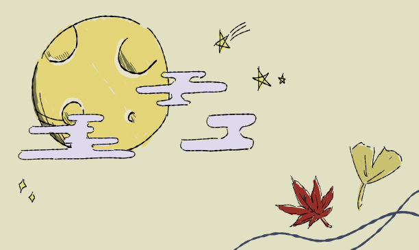 以秋叶为背景的星空插画。手绘钢笔和铅笔风格。图片下载