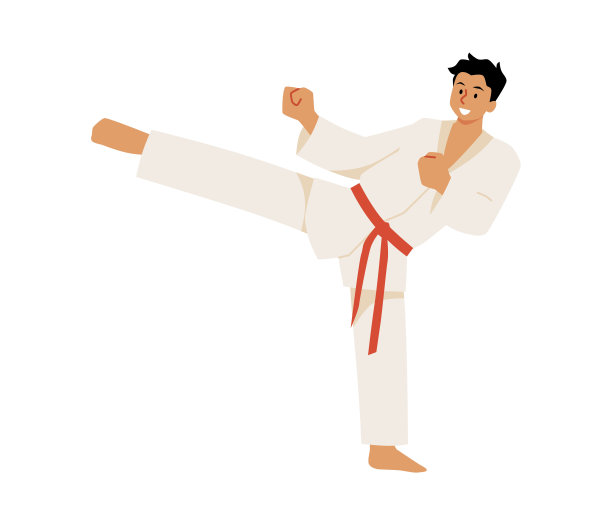 穿和服和红腰带的空手道男子格斗矢量素材：亚洲武术训练踢腿攻击技术姿势图片下载