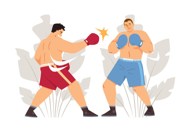 两个拳击手战斗平面矢量，战斗运动游戏比赛专业运动员在运动服上的花卉背景图片下载
