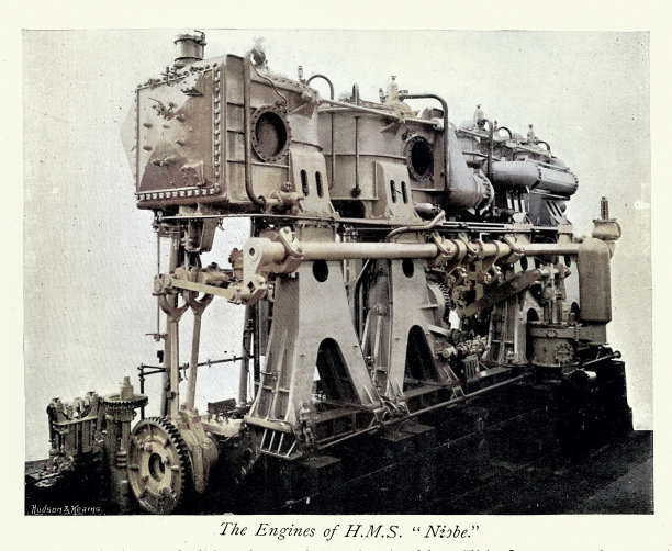 历史，造船，发动机英国皇家海军战舰HMS Niobe，巴罗因弗内斯，19世纪90年代，19世纪，复古照片图片下载