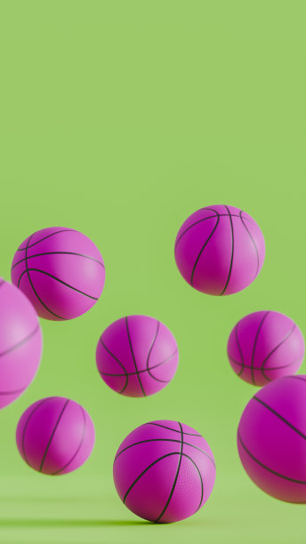 八个紫色篮球在孤立的绿色舞台上弹跳，体育和球队主题，3d插图图片下载