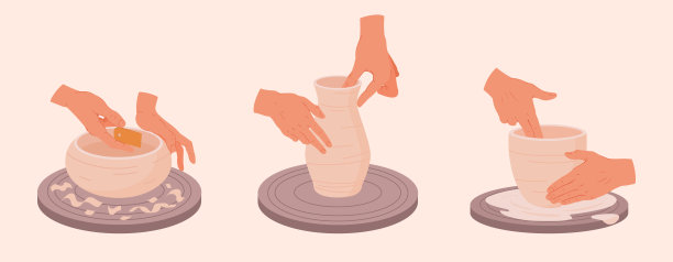 陶器作坊。陶工的手在陶工的车轮平面矢量插图集上制作锅。陶艺工作室的陶工正在制作陶土花瓶图片下载