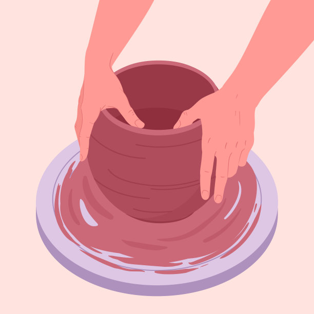 波特造型花瓶。陶瓷工作室陶工的手，人的工作与陶工车轮平面矢量插图。手工制作陶器图片下载