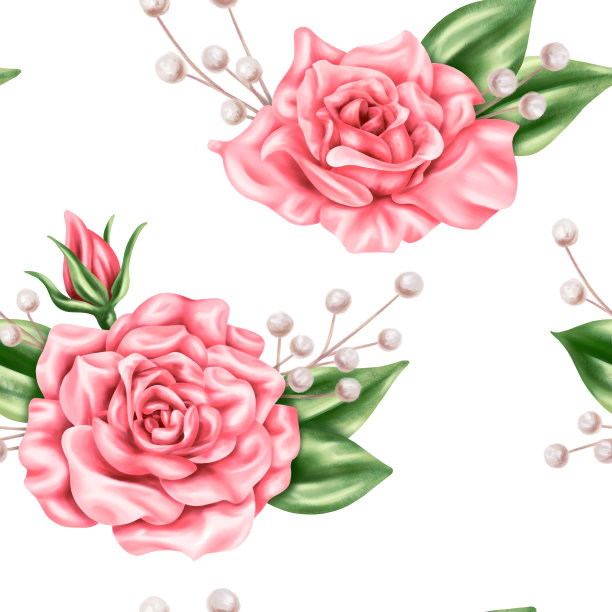 复古柔和的粉色玫瑰花蕾和绿叶的无缝图案。浪漫美丽的数码插画，重复图案。用于邀请，日期保存和贺卡图片下载