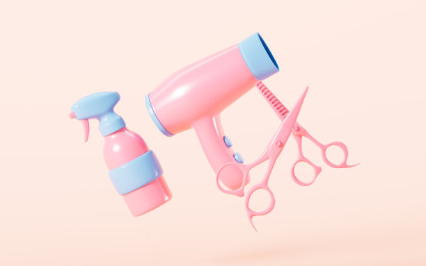 卡通吹风机和理发剪刀在粉红色的背景，3d渲染。图片下载