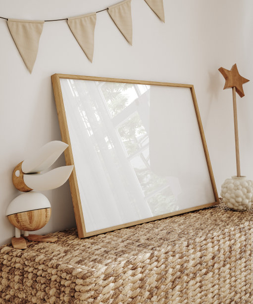 用天然木制家具模拟儿童房的近景图片下载