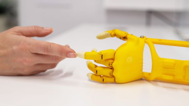 女人的手和一个孩子的塑料手假体，白色背景。图片下载