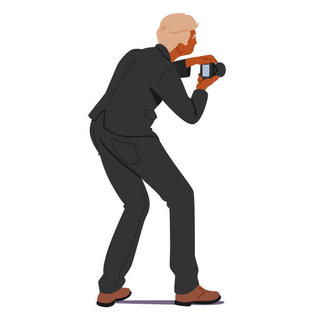 穿着黑色西装的男摄影师用相机拍照。矢量图像展示了聚焦的姿态图片下载