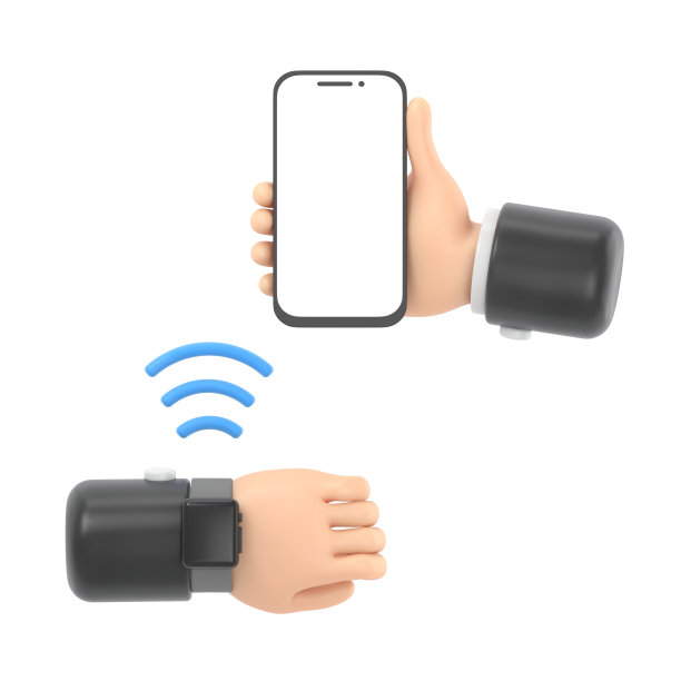 卡通手势图标模型。3d图标nfc智能手表连接到手机。卡通手臂使用wifi连接手表上的时钟手势，白色背景3D渲染。图片下载