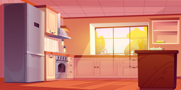 家庭厨房房间内部的卡通插画图片下载