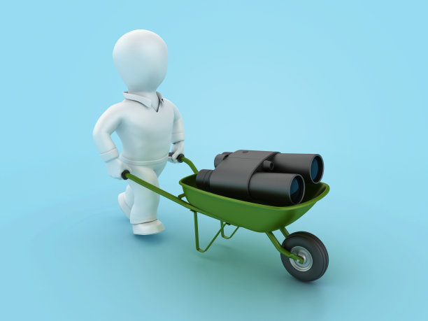 3D双筒望远镜与手推车和卡通人物图片下载