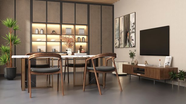 豪华东方餐厅，白色大理石桌子，木椅，电视，藤条橱柜墙，从窗户阳光图片下载