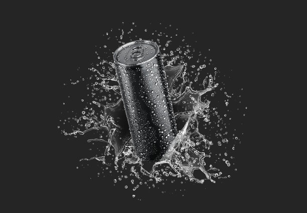 空白的黑色铝450毫升汽水罐与滴溅模型图片下载