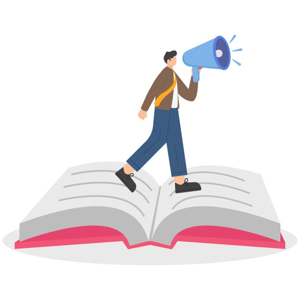 拿着扩音器的人拿着一本大书。品牌故事。视觉讲故事。公司个性发展。品牌建设。品牌传播指南隐喻。矢量插图。图片下载