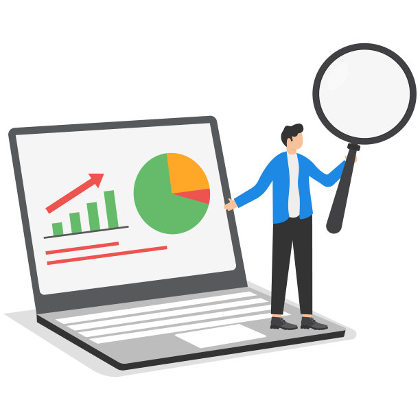 市场数据趋势分析，分析报表、图形、图表等业务数据。商人用放大镜分析金融趋势图和图表。矢量设计插画。图片下载