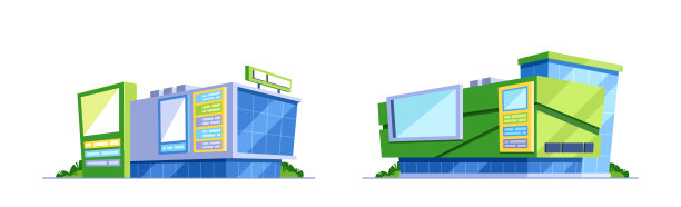 两个购物中心建筑与当代设计元素，大玻璃窗和色彩缤纷的口音图片下载