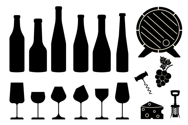 酒杯和酒瓶轮廓套装。葡萄酒或香槟酒酒瓶和酒杯，各种形状的酒精饮料。酿酒酒精酒吧，广告烈酒设计的咖啡馆，餐馆矢量图片下载