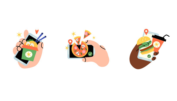 食品交付。手持智能手机，手机应用屏幕。产品快速订购。网吧或餐厅。披萨和汉堡，亚洲炒锅或面条。矢量卡通平面孤立插图图片下载