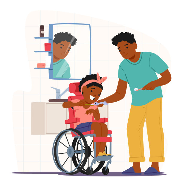 父亲帮助坐在轮椅上的女儿在浴室刷牙。矢量场景传达关怀，支持图片下载