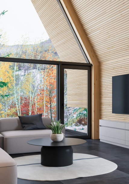 现代舒适的斯堪的纳维亚客厅与木制墙板。图片下载