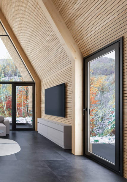 现代舒适的斯堪的纳维亚客厅与木制墙板。图片下载