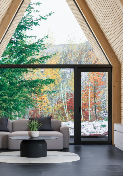 现代舒适的斯堪的纳维亚客厅与木制墙板。图片下载