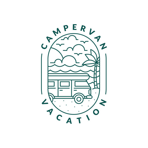 海滩和露营车徽章单线或线条艺术风格矢量插图图片下载