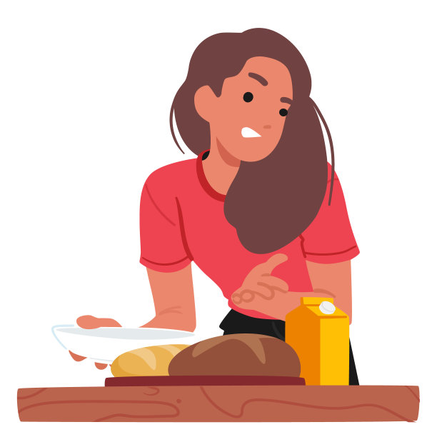 女人角色准备早餐，特色新鲜出炉的面包和果汁盒在一个木制柜台上图片下载