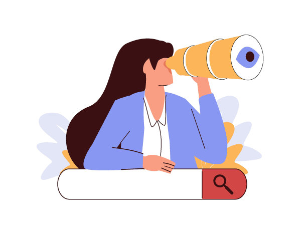 一名年轻女子用望远镜在插满鲜花的搜索栏上搜寻。搜索，发现，网上冲浪，寻找图片下载